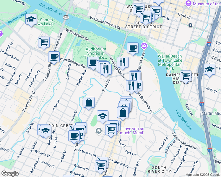 map of restaurants, bars, coffee shops, grocery stores, and more near 507 South 1st Street in Austin
