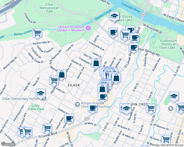 map of restaurants, bars, coffee shops, grocery stores, and more near 1102 Kinney Avenue in Austin