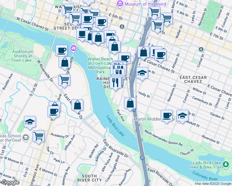 map of restaurants, bars, coffee shops, grocery stores, and more near 51 Rainey Street in Austin