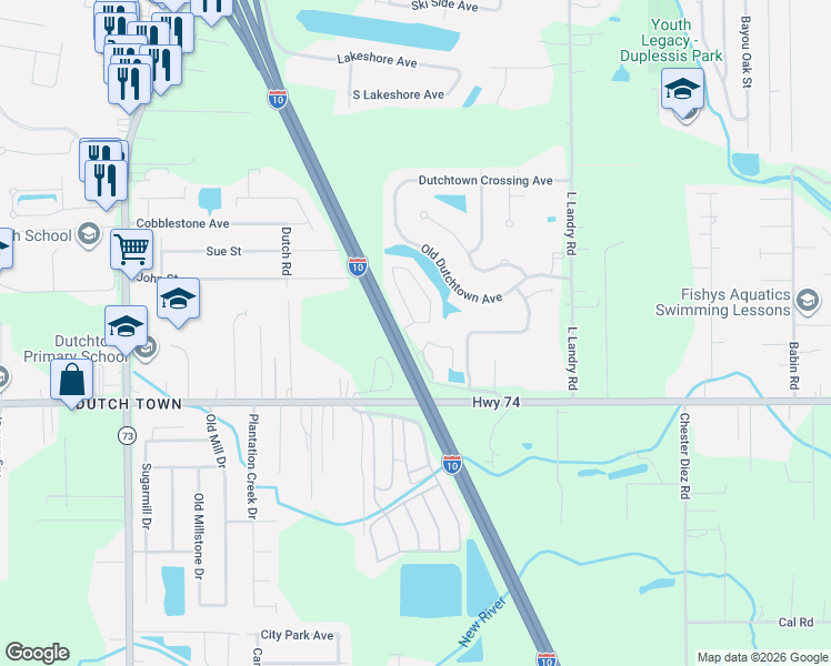 map of restaurants, bars, coffee shops, grocery stores, and more near 13170 Dutchtown Point Avenue in Gonzales