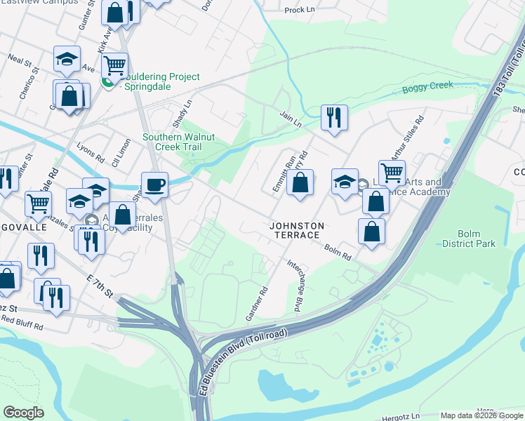 map of restaurants, bars, coffee shops, grocery stores, and more near 5802 Bolm Road in Austin
