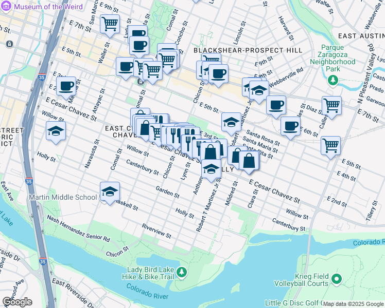 map of restaurants, bars, coffee shops, grocery stores, and more near 1917 East Cesar Chavez Street in Austin