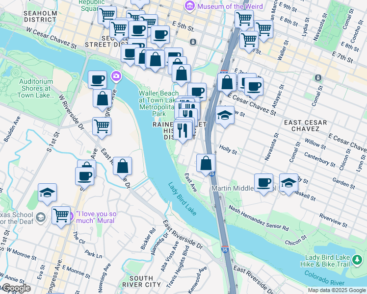 map of restaurants, bars, coffee shops, grocery stores, and more near 51 Rainey Street in Austin