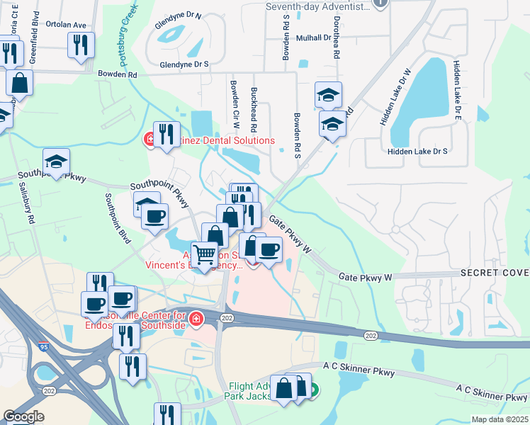 map of restaurants, bars, coffee shops, grocery stores, and more near Belfort Road & Gate Parkway West in Jacksonville