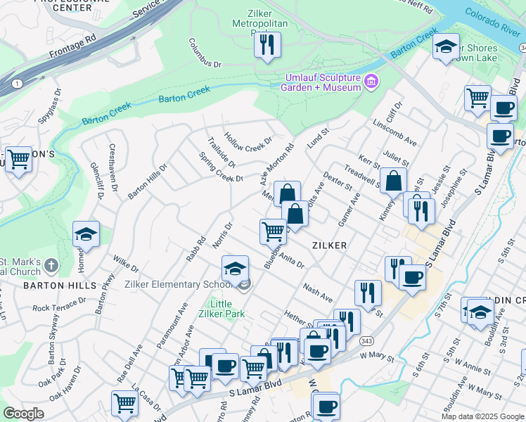 map of restaurants, bars, coffee shops, grocery stores, and more near 1410 Burford Place in Austin