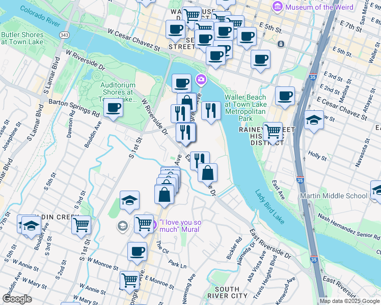 map of restaurants, bars, coffee shops, grocery stores, and more near 126 East Riverside Drive in Austin