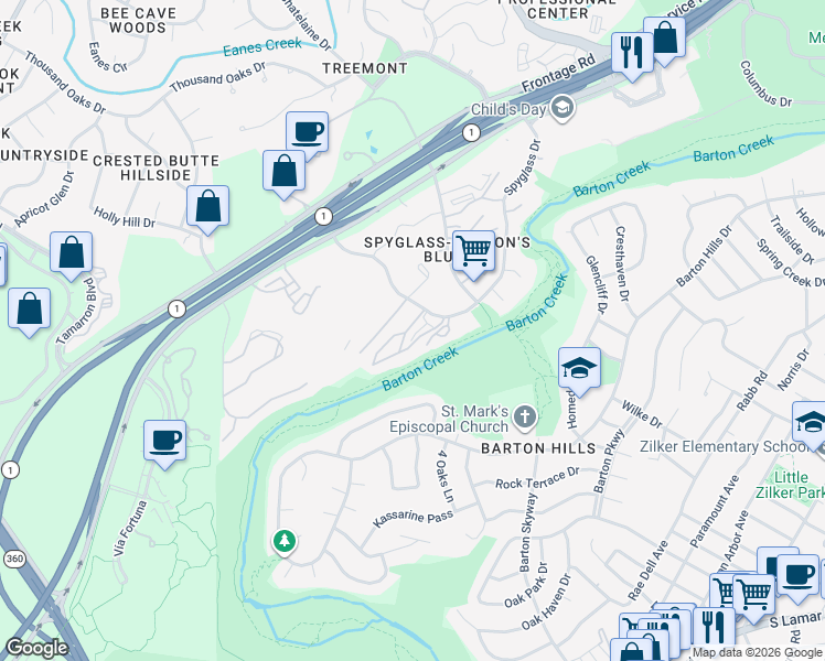 map of restaurants, bars, coffee shops, grocery stores, and more near 1723 Spyglass Drive in Austin