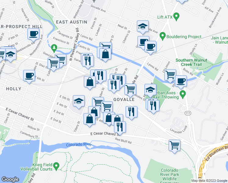 map of restaurants, bars, coffee shops, grocery stores, and more near E 7th St & Gunter St in Austin