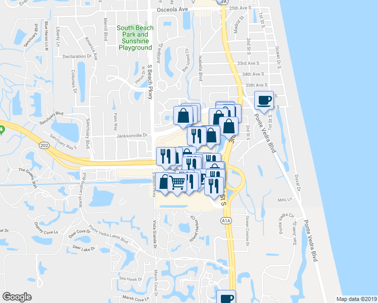 map of restaurants, bars, coffee shops, grocery stores, and more near 4016 3rd Street South in Jacksonville Beach
