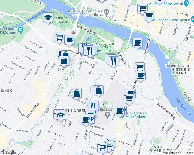 map of restaurants, bars, coffee shops, grocery stores, and more near 715 Post Oak Street in Austin