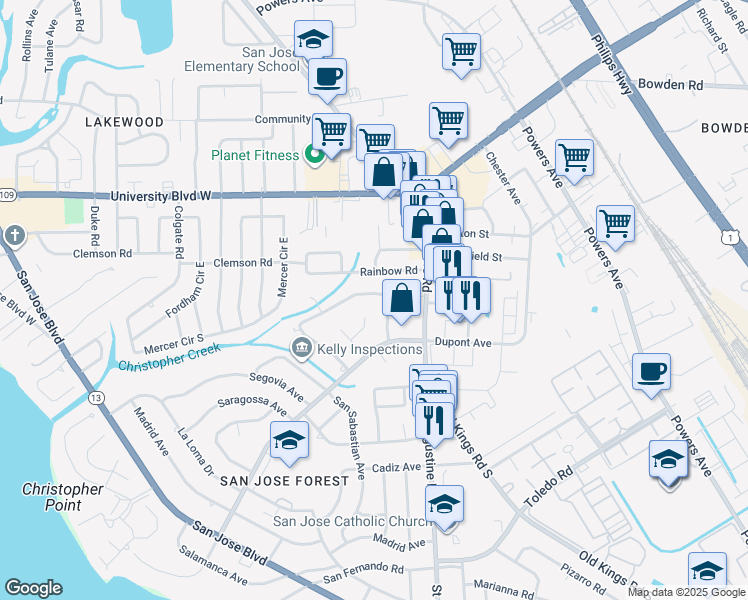 map of restaurants, bars, coffee shops, grocery stores, and more near 2852 Wood Valley Court in Jacksonville