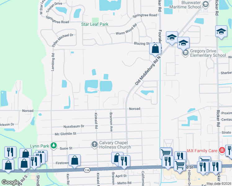 map of restaurants, bars, coffee shops, grocery stores, and more near 8307 Noroad in Jacksonville