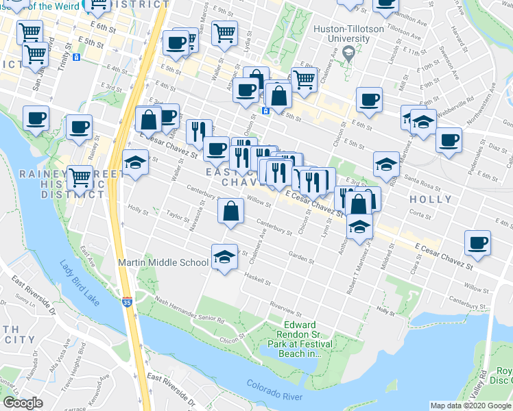 map of restaurants, bars, coffee shops, grocery stores, and more near 1616 Canterbury Street in Austin
