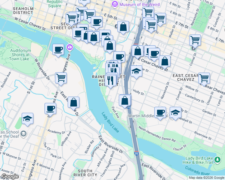 map of restaurants, bars, coffee shops, grocery stores, and more near 51 East Avenue in Austin