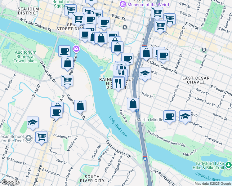 map of restaurants, bars, coffee shops, grocery stores, and more near 54 Rainey Street in Austin