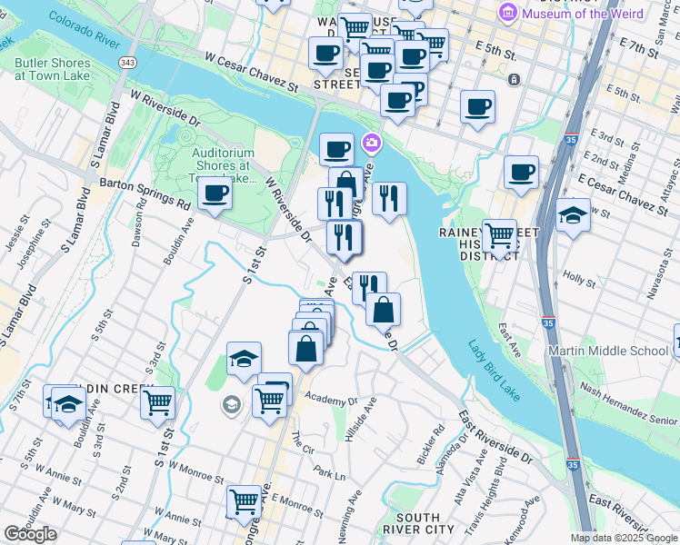 map of restaurants, bars, coffee shops, grocery stores, and more near 126 East Riverside Drive in Austin