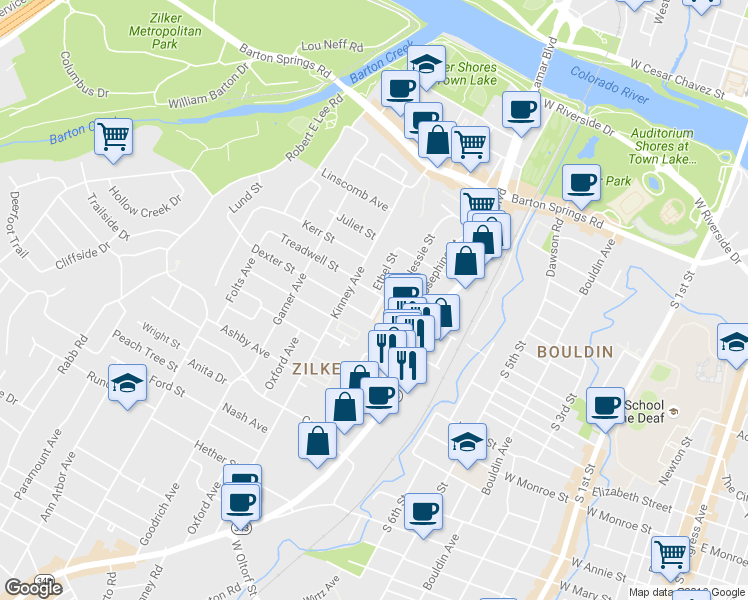 map of restaurants, bars, coffee shops, grocery stores, and more near 1100 Dexter Street in Austin