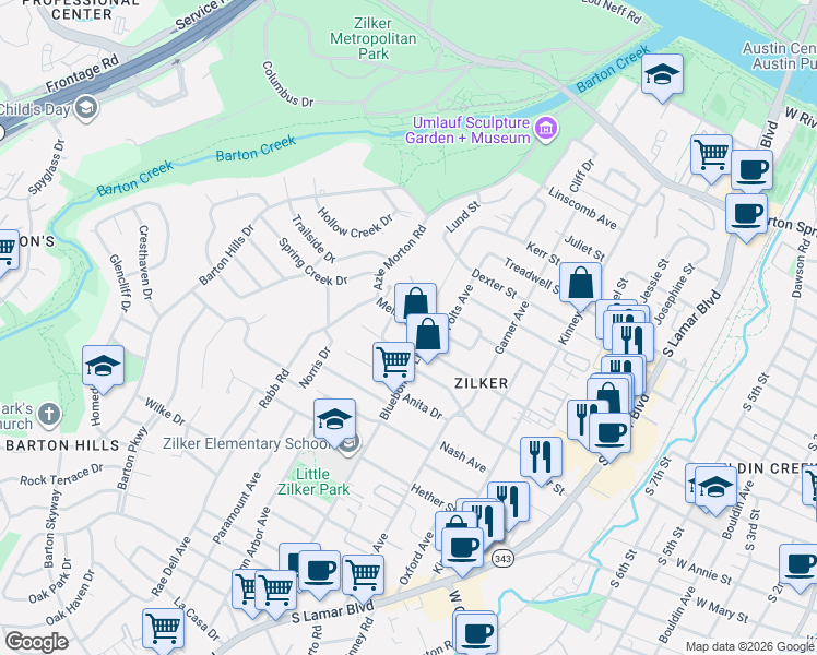map of restaurants, bars, coffee shops, grocery stores, and more near 2005 Melridge Place in Austin