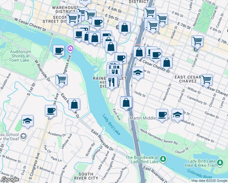 map of restaurants, bars, coffee shops, grocery stores, and more near 51 Rainey Street in Austin