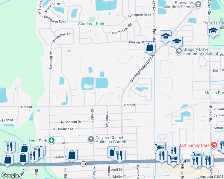 map of restaurants, bars, coffee shops, grocery stores, and more near 8307 Noroad in Jacksonville