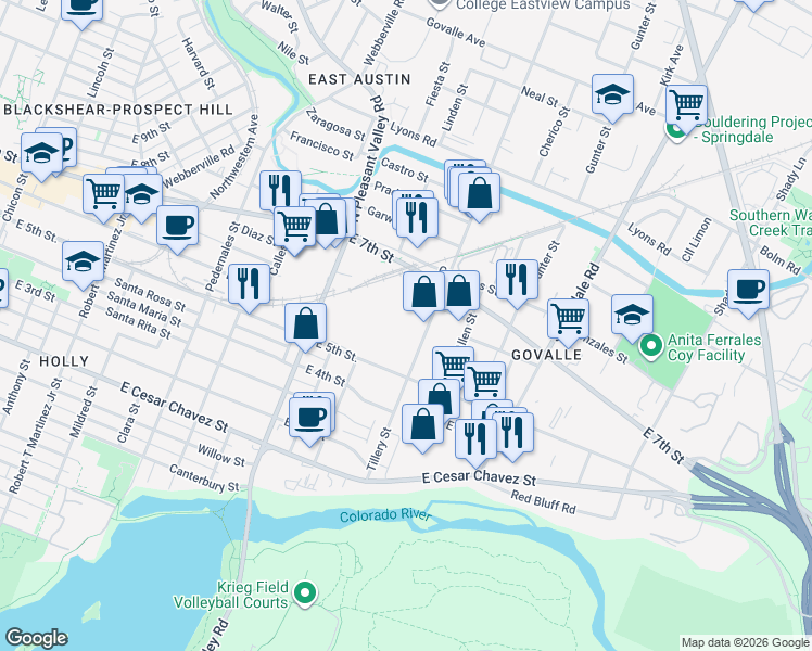 map of restaurants, bars, coffee shops, grocery stores, and more near 618 Tillery Street in Austin