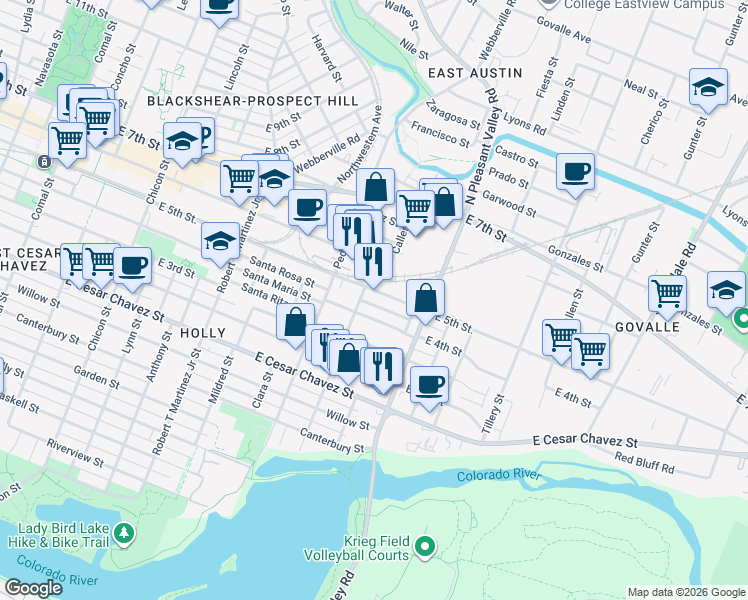 map of restaurants, bars, coffee shops, grocery stores, and more near 2618 East 4th Street in Austin