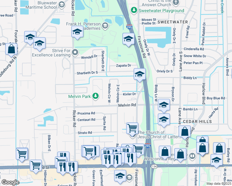map of restaurants, bars, coffee shops, grocery stores, and more near 4519 Melvin Circle East in Jacksonville