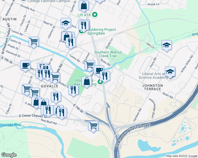 map of restaurants, bars, coffee shops, grocery stores, and more near 814 Airport Boulevard in Austin