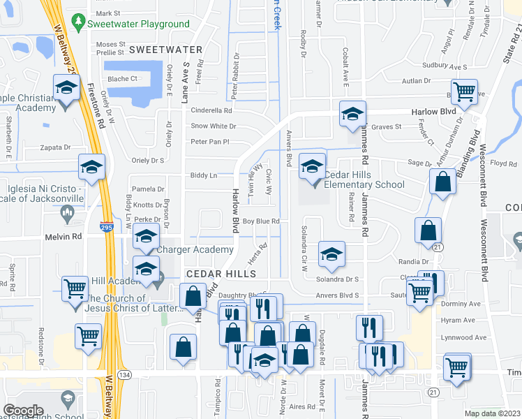 map of restaurants, bars, coffee shops, grocery stores, and more near 6710 Watoma Street in Jacksonville