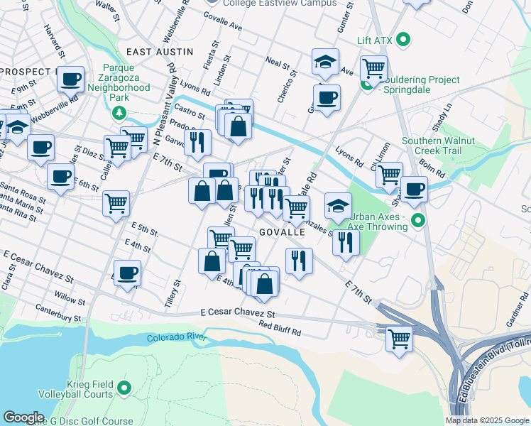 map of restaurants, bars, coffee shops, grocery stores, and more near 3502 East 7th Street in Austin