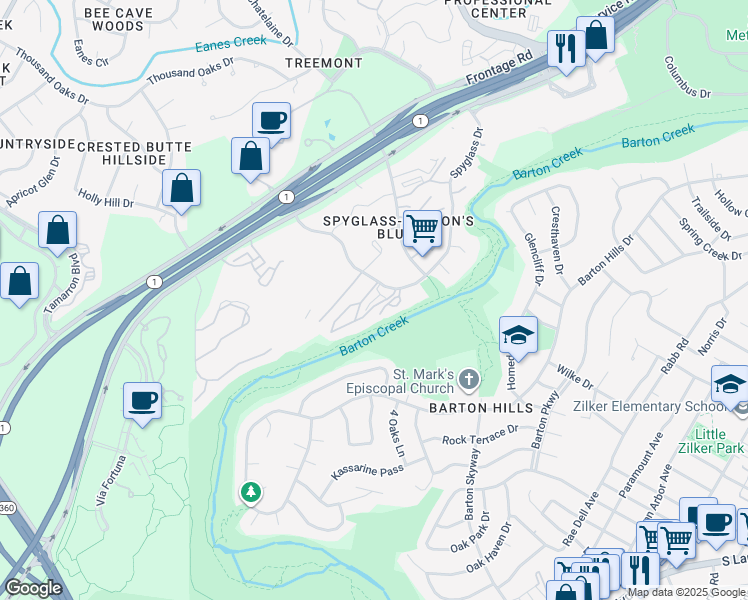 map of restaurants, bars, coffee shops, grocery stores, and more near 1723 Spyglass Drive in Austin