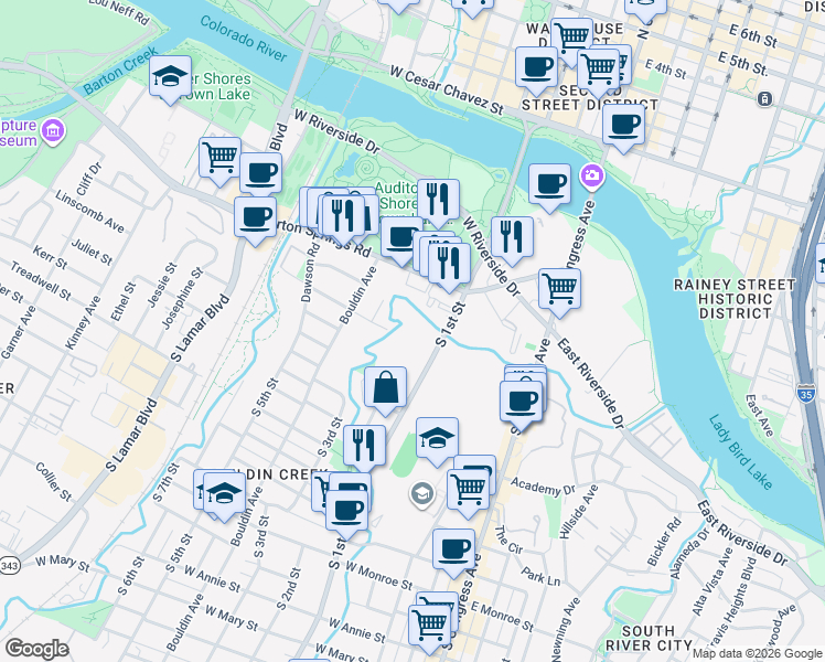 map of restaurants, bars, coffee shops, grocery stores, and more near 614 South 1st Street in Austin