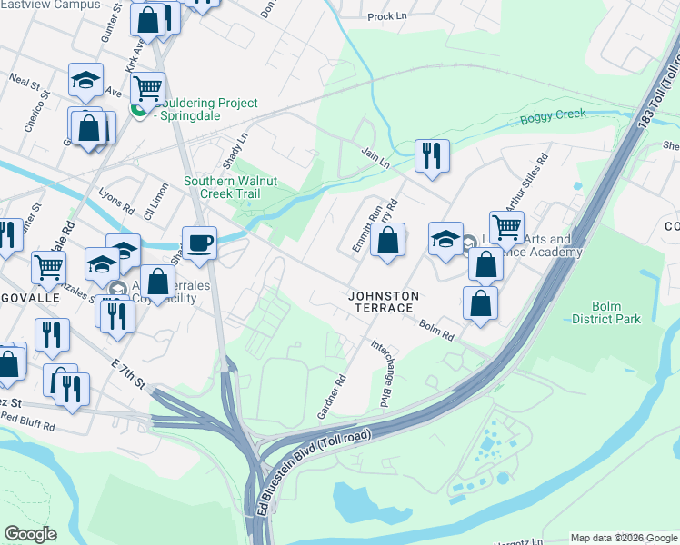 map of restaurants, bars, coffee shops, grocery stores, and more near 5802 Bolm Road in Austin