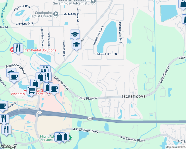 map of restaurants, bars, coffee shops, grocery stores, and more near 3857 Hartwood Lane in Jacksonville