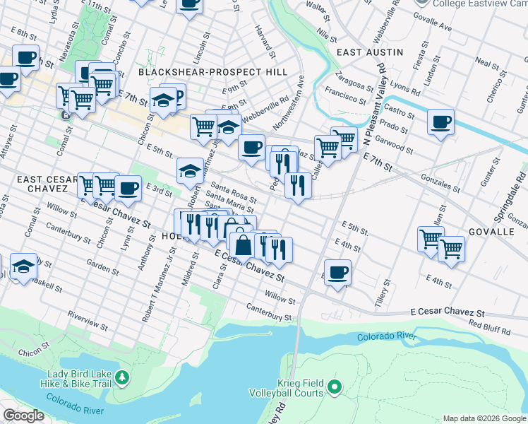 map of restaurants, bars, coffee shops, grocery stores, and more near Pedernales St in Austin