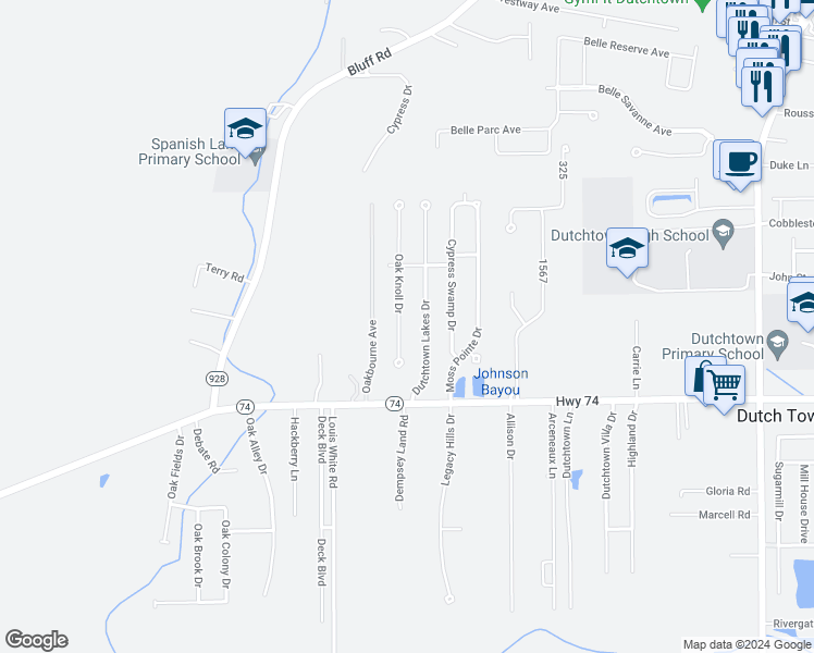 map of restaurants, bars, coffee shops, grocery stores, and more near 13096 Oak Knoll Drive in Geismar