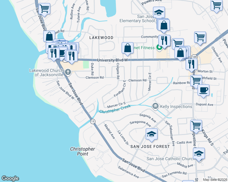 map of restaurants, bars, coffee shops, grocery stores, and more near 6424 Fordham Circle East in Jacksonville