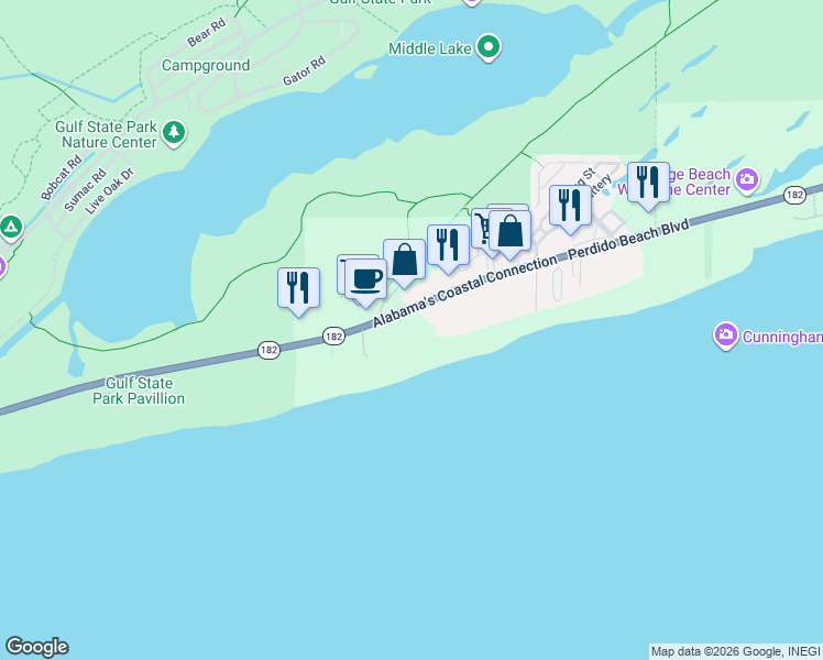 map of restaurants, bars, coffee shops, grocery stores, and more near 22988 Perdido Beach Boulevard in Orange Beach