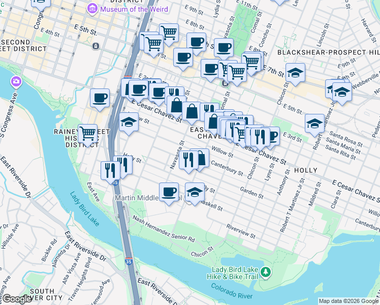 map of restaurants, bars, coffee shops, grocery stores, and more near 1409 Garden Street in Austin