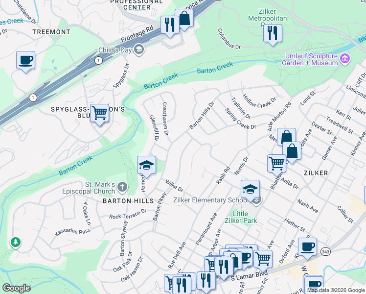 map of restaurants, bars, coffee shops, grocery stores, and more near 1901 Barton Parkway in Austin