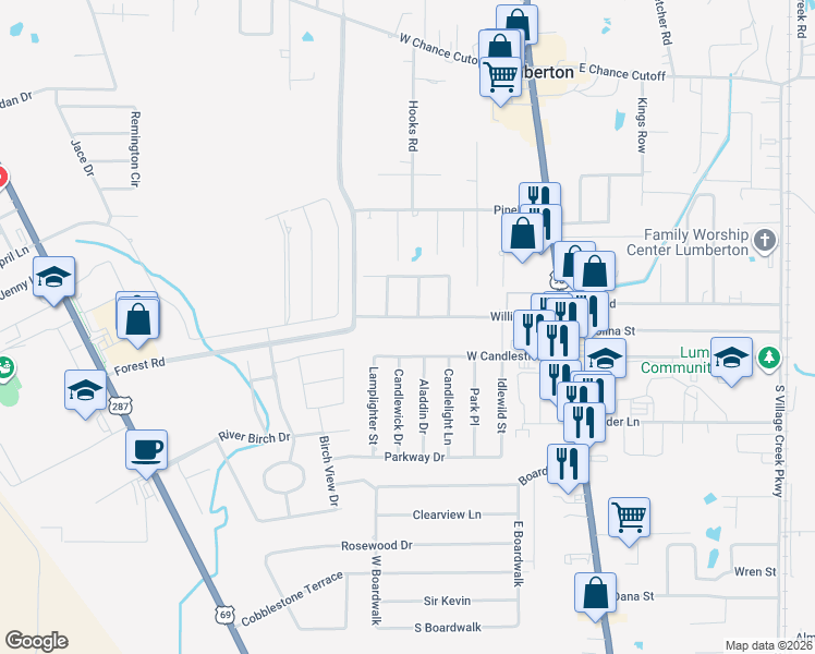 map of restaurants, bars, coffee shops, grocery stores, and more near 330 West Candlestick Drive in Lumberton