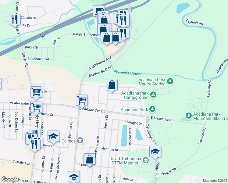 map of restaurants, bars, coffee shops, grocery stores, and more near 103 Northwood Drive in Lafayette
