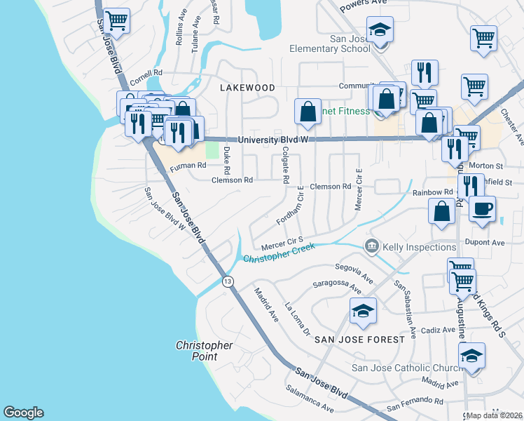map of restaurants, bars, coffee shops, grocery stores, and more near 6424 Fordham Circle East in Jacksonville