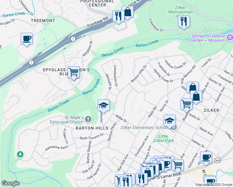 map of restaurants, bars, coffee shops, grocery stores, and more near 2600 Foxglen Drive in Austin