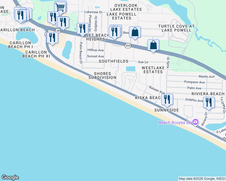map of restaurants, bars, coffee shops, grocery stores, and more near 22313 Front Beach Rd in Panama City Beach