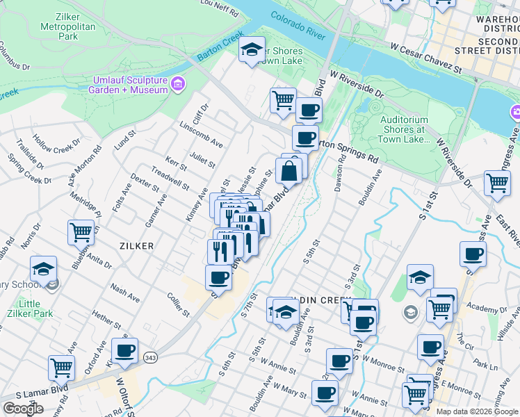map of restaurants, bars, coffee shops, grocery stores, and more near 900 South Lamar Boulevard in Austin