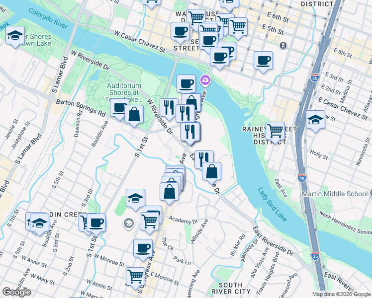 map of restaurants, bars, coffee shops, grocery stores, and more near E Riverside Dr & S Congress Ave in Austin