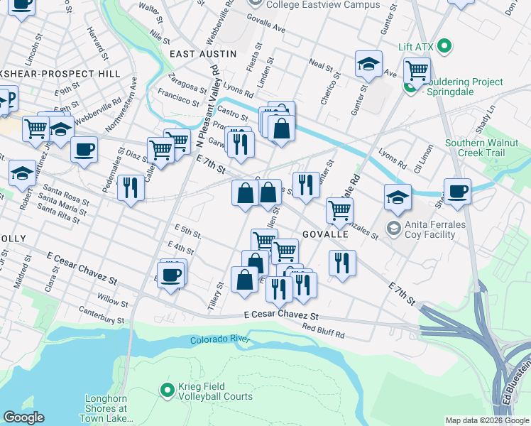 map of restaurants, bars, coffee shops, grocery stores, and more near 606 Allen Street in Austin