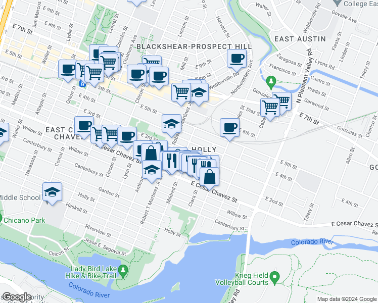map of restaurants, bars, coffee shops, grocery stores, and more near 2303 Santa Rita Street in Austin
