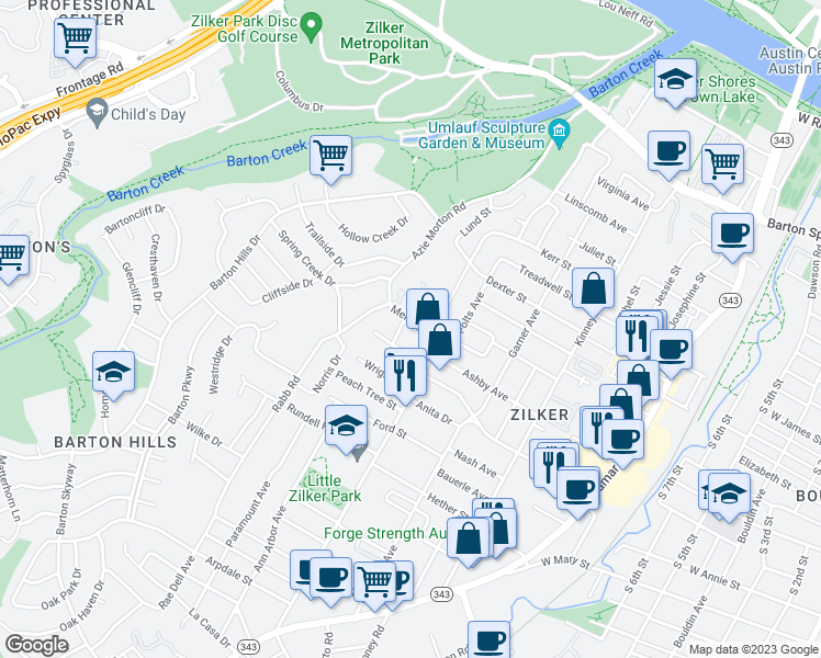 map of restaurants, bars, coffee shops, grocery stores, and more near 1500 Bluebonnet Lane in Austin